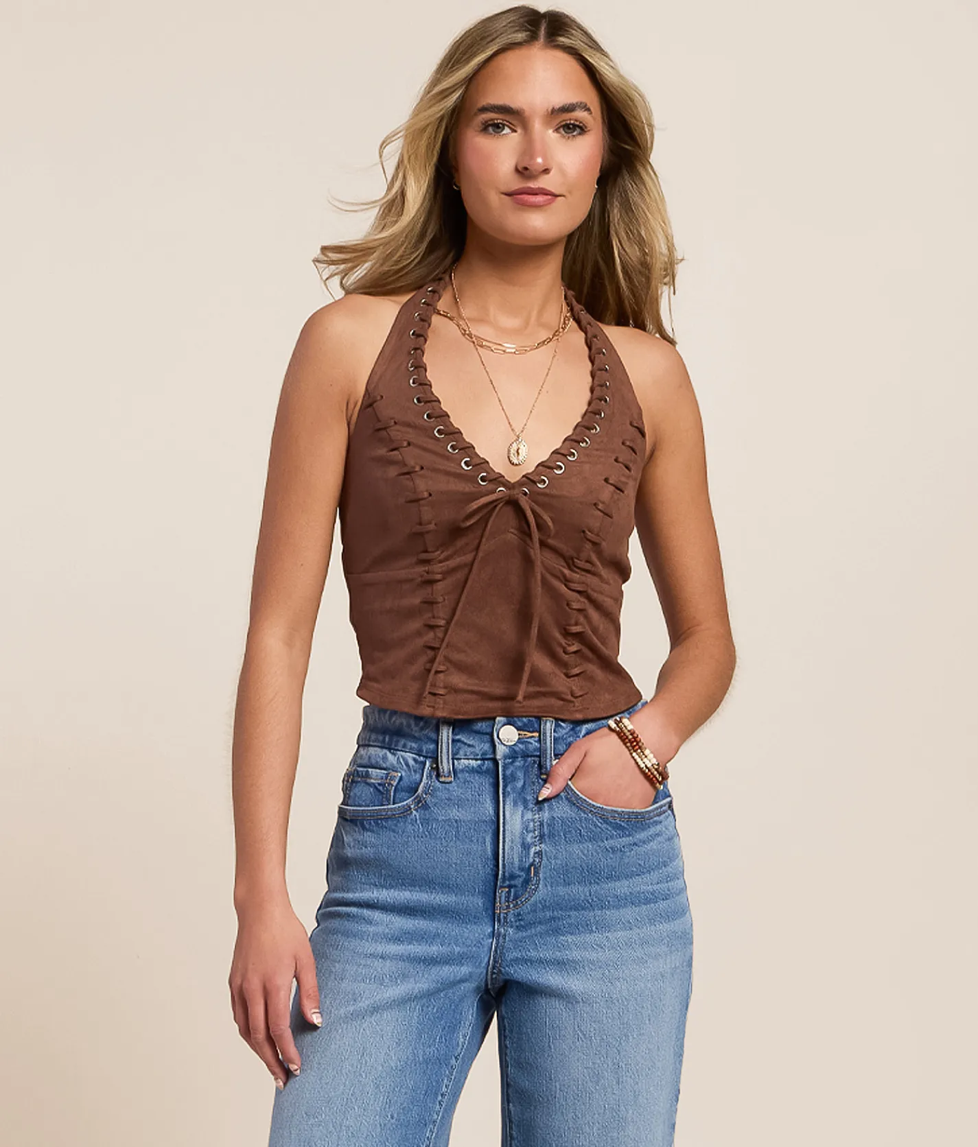 Tops | Willow & Root Faux Suede Halter Tank Top Brown