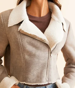 Know One Cares Faux Suede Moto Cropped Jacket Taupe Cream Best