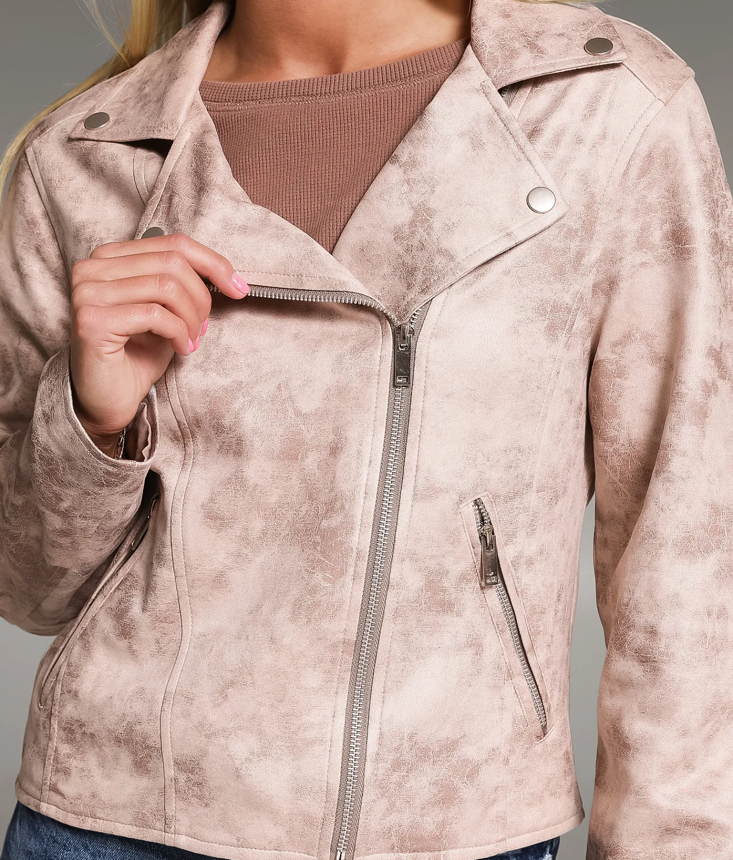 BKE Faux Suede Moto Jacket Cream Washed Sale