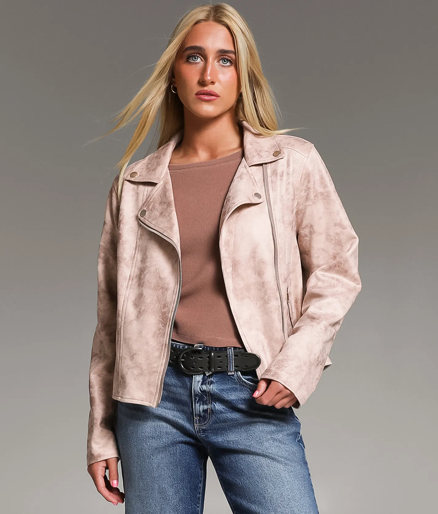 BKE Faux Suede Moto Jacket Cream Washed Sale
