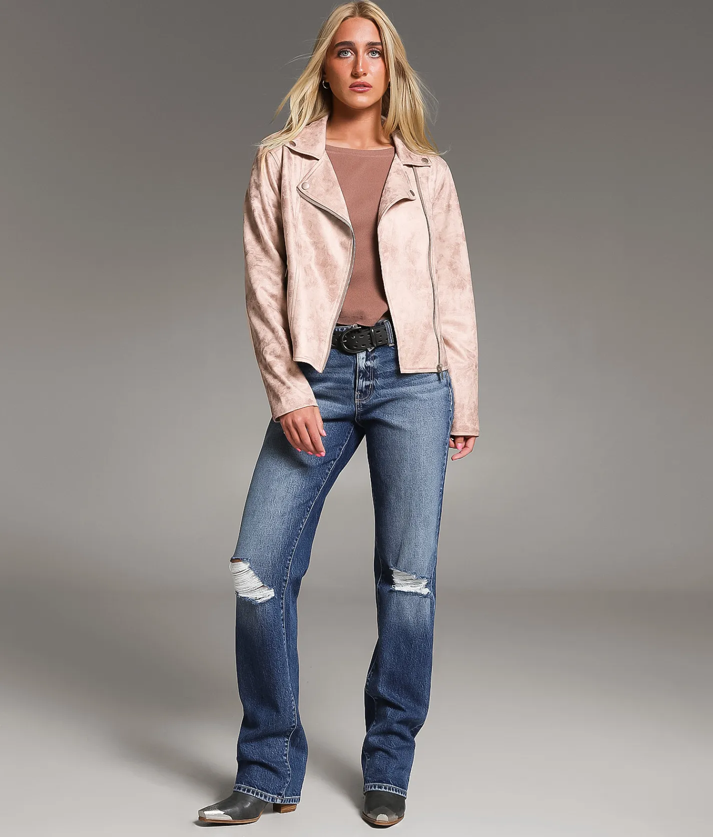 BKE Faux Suede Moto Jacket Cream Washed Sale