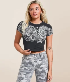 Affliction Flaming Dragon Baby Cropped T-Shirt Black Lava Wash Clearance