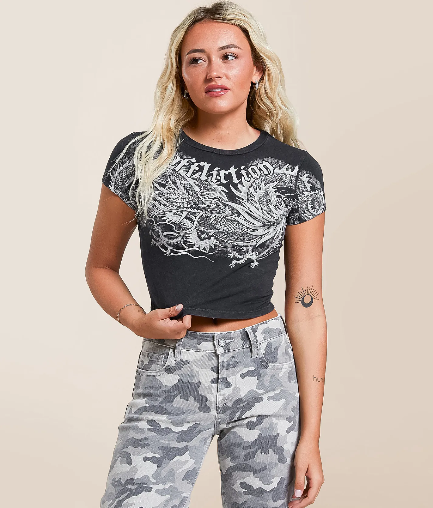 Affliction Flaming Dragon Baby Cropped T-Shirt Black Lava Wash Clearance