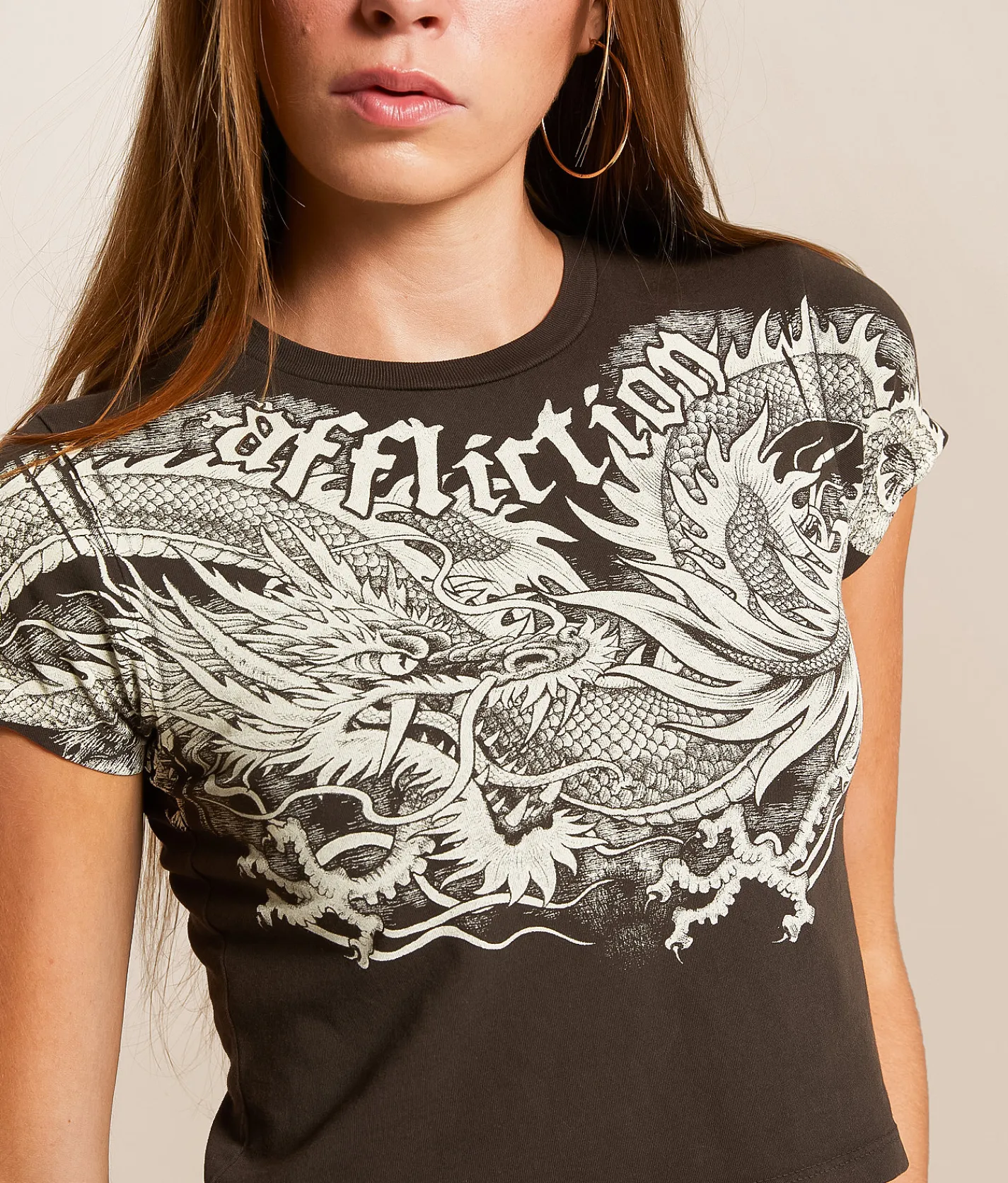 Affliction Flaming Dragon Cropped T-Shirt Dark Tobacco Brown Hot