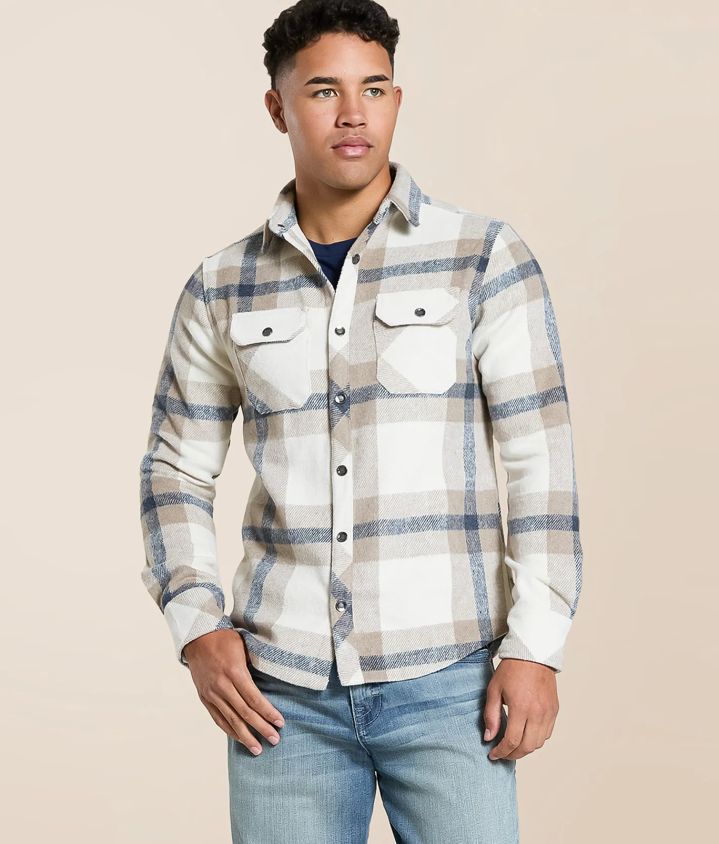 Departwest Flannel Athletic Shirt Cream Navy Tan Sale