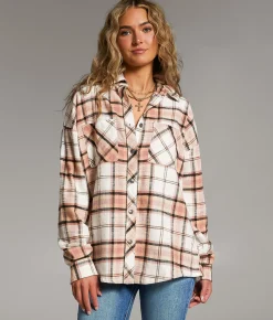 BKE Flannel Boyfriend Shirt Mauve Black Cream Online