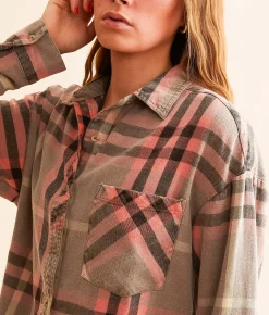 Tops | Modish Rebel Flannel Boyfriend Shirt Taupe Multi