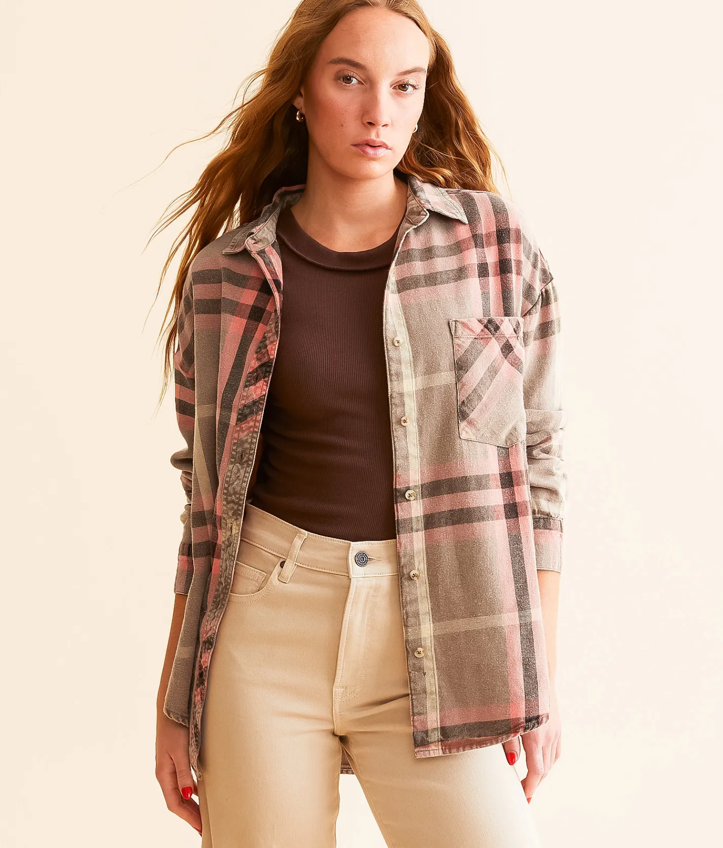 Tops | Modish Rebel Flannel Boyfriend Shirt Taupe Multi