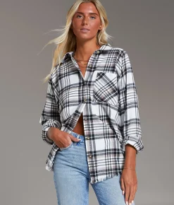 Tops | BKE Flannel Boyfriend Shirt Cream Choc Black