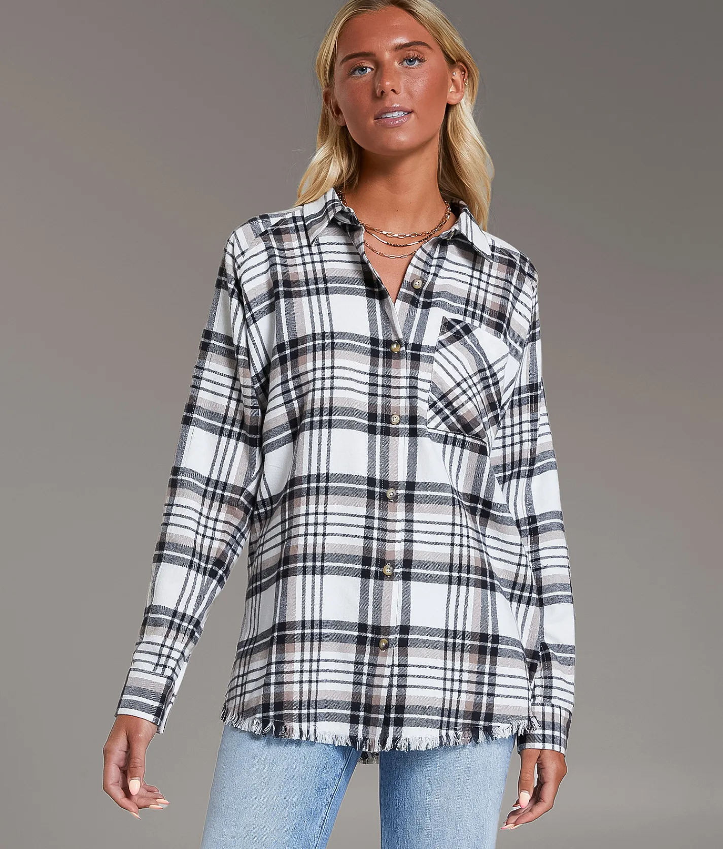 Tops | BKE Flannel Boyfriend Shirt Cream Choc Black