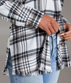 Tops | BKE Flannel Boyfriend Shirt Cream Choc Black
