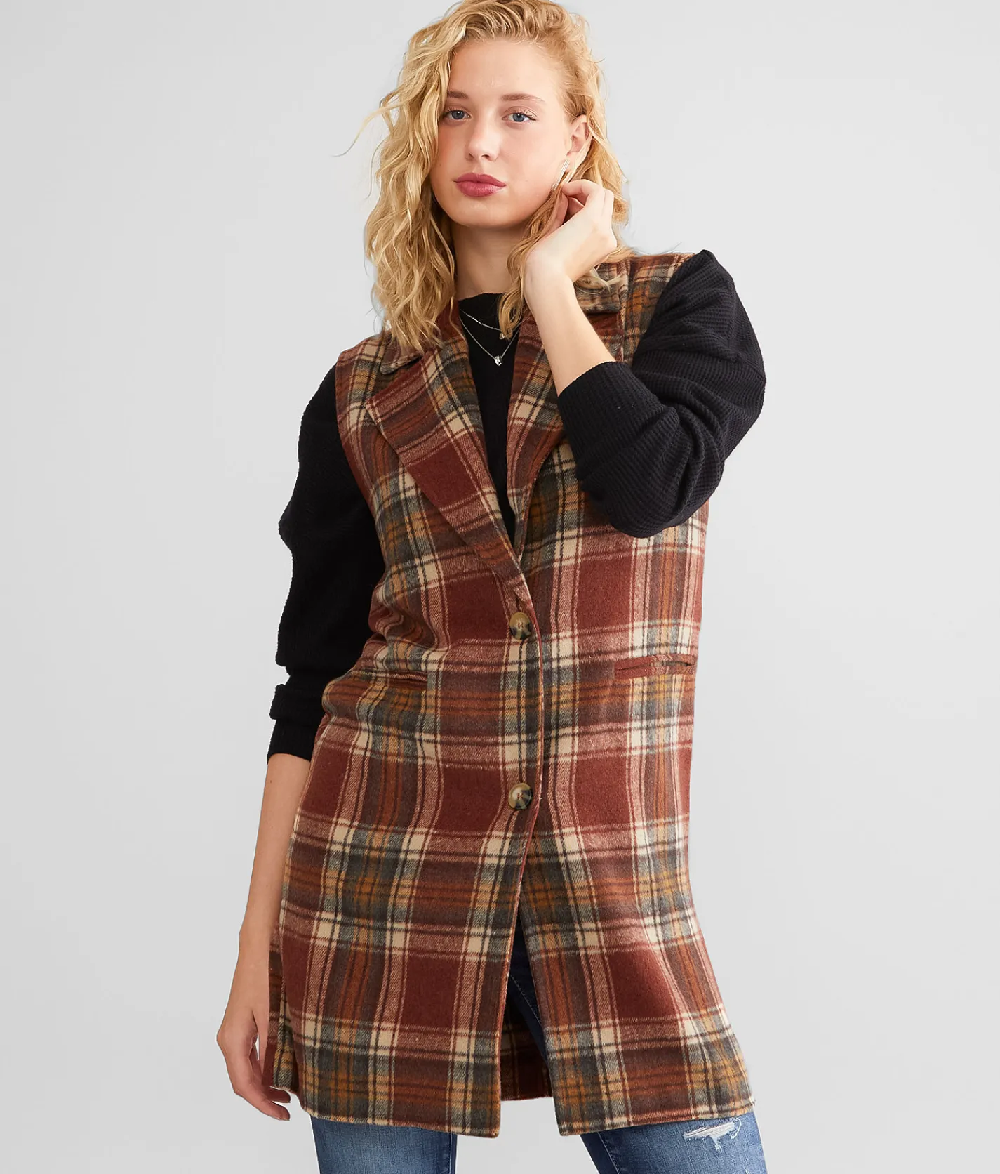 BKE Flannel Longline Vest Brick Sale