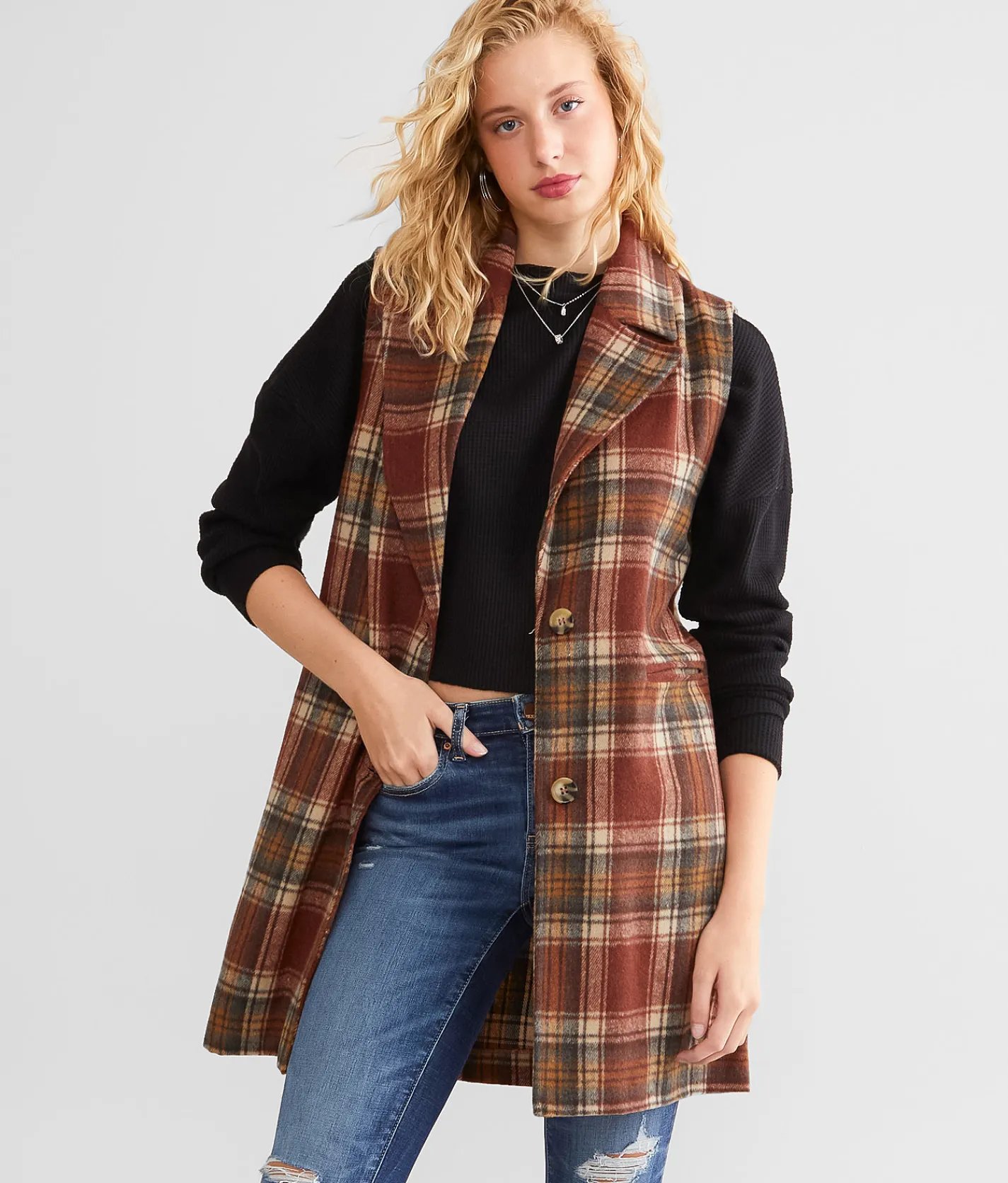 BKE Flannel Longline Vest Brick Sale