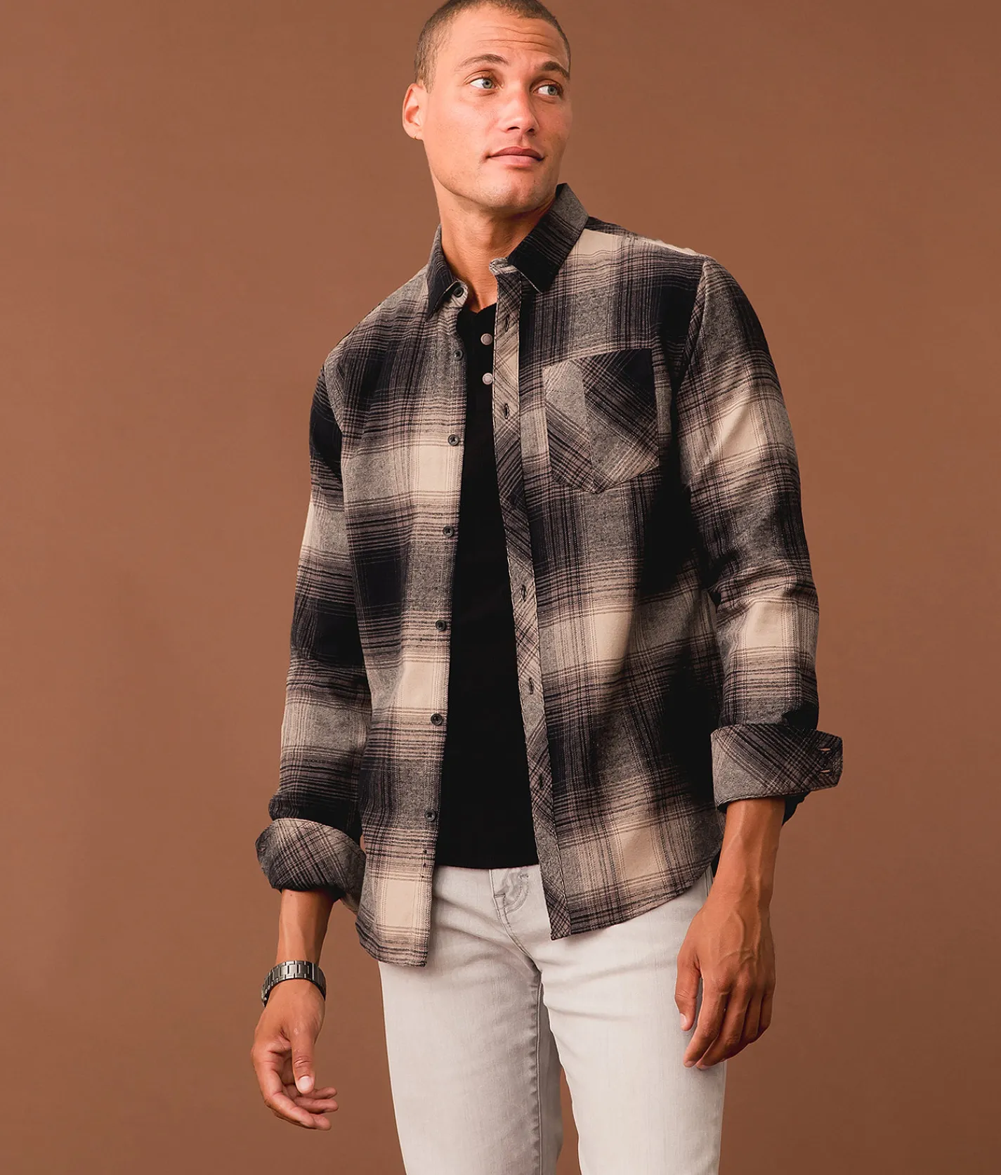 Tops | Outpost Makers Flannel Standard Shirt Black Tan