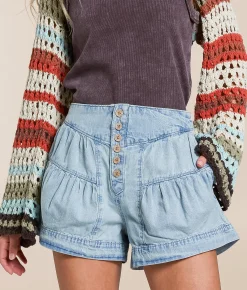 Free People Fleur Pleated Denim Short Belle Blue New