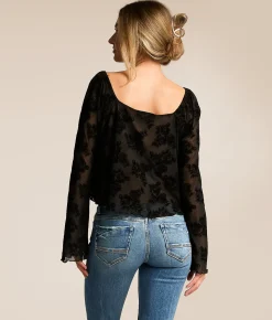 Willow & Root Flocked Floral Mesh Cropped Top Black Nude New