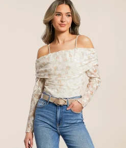 Tops | Willow & Root Flocked Floral Ruched Top Cream Olive Tan