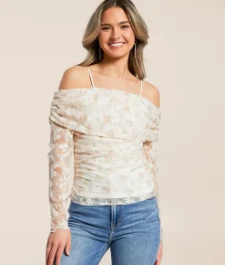 Tops | Willow & Root Flocked Floral Ruched Top Cream Olive Tan