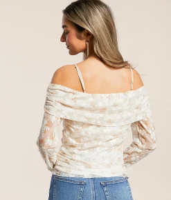 Tops | Willow & Root Flocked Floral Ruched Top Cream Olive Tan