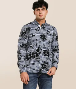 Tops | Eight X Flocked Floral Stretch Shirt Grey