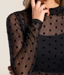 Tops | Willow & Root Flocked Polka Dot Mesh Top Black