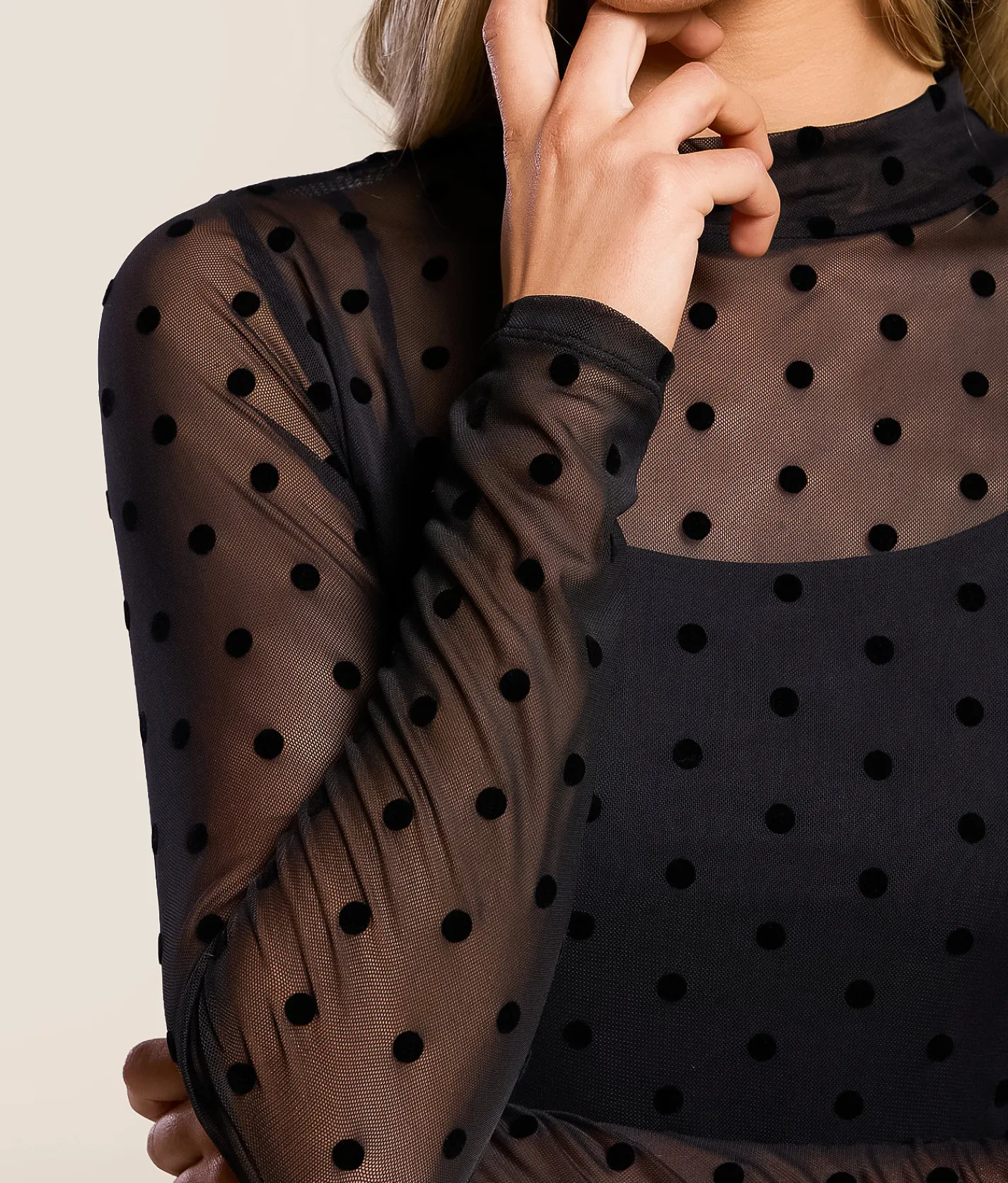Tops | Willow & Root Flocked Polka Dot Mesh Top Black