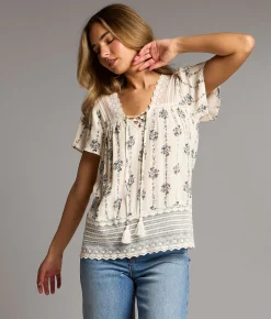BKE Floral & Lace Top Cream Blue Best
