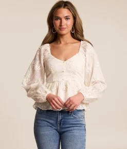 Tops | Willow & Root Floral Applique Peplum Top Cream