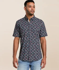 J.B. Holt Floral Athletic Performance Stretch Shirt Black Cream Turquoise Best