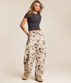 Peach Love California Floral Barrel Pant Taupe Charcoal New