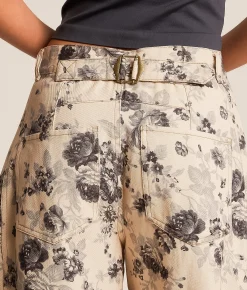Peach Love California Floral Barrel Pant Taupe Charcoal New
