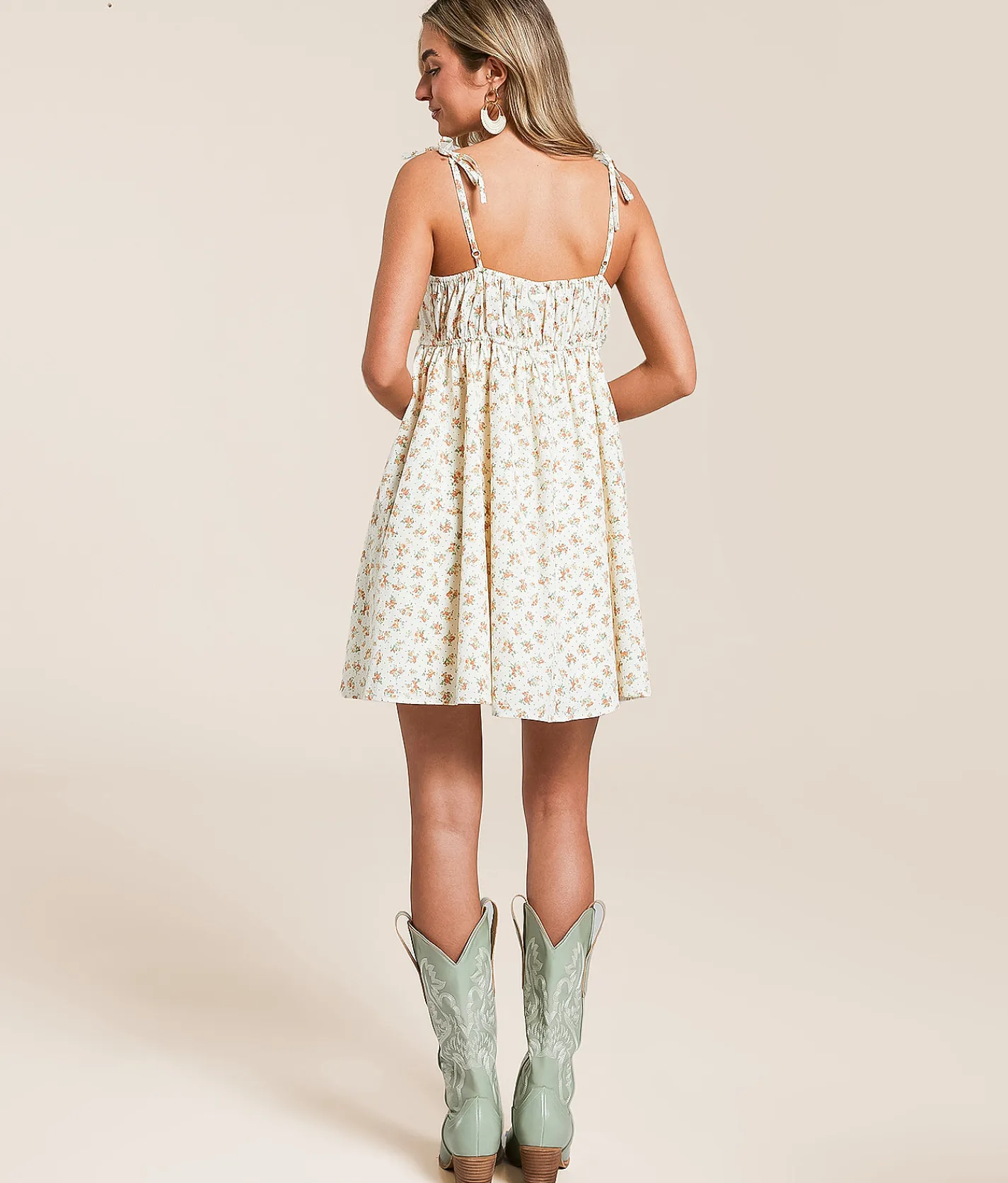 Willow & Root Floral Bow Dress Cream Brown Discount