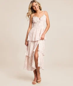 Lush Floral Chiffon Tiered Midi Dress Pink Multi Online