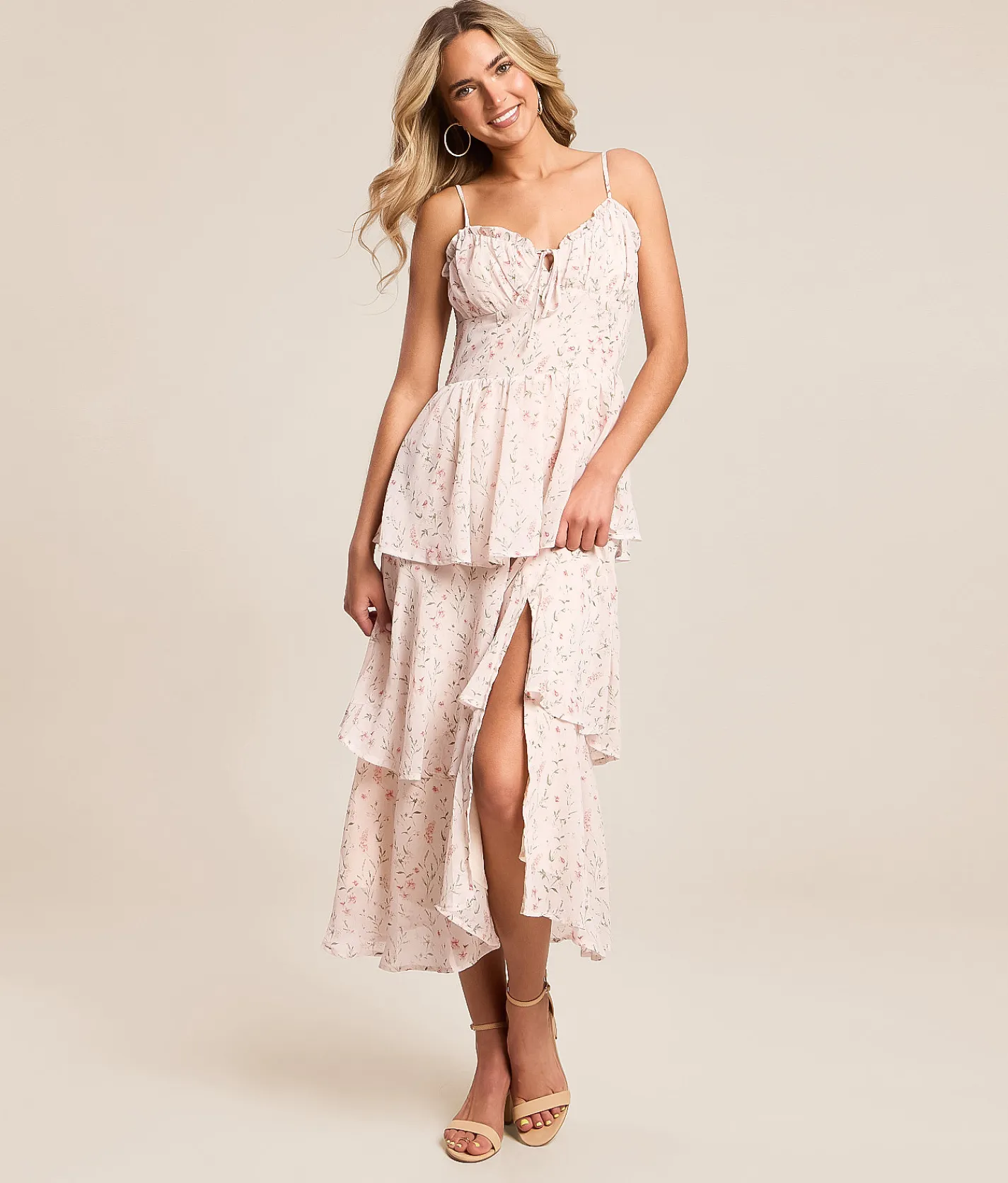 Lush Floral Chiffon Tiered Midi Dress Pink Multi Online