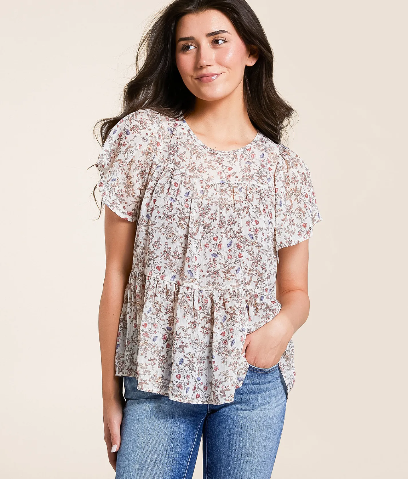 Tops | Daytrip Floral Chiffon Tiered Top Cream Multi