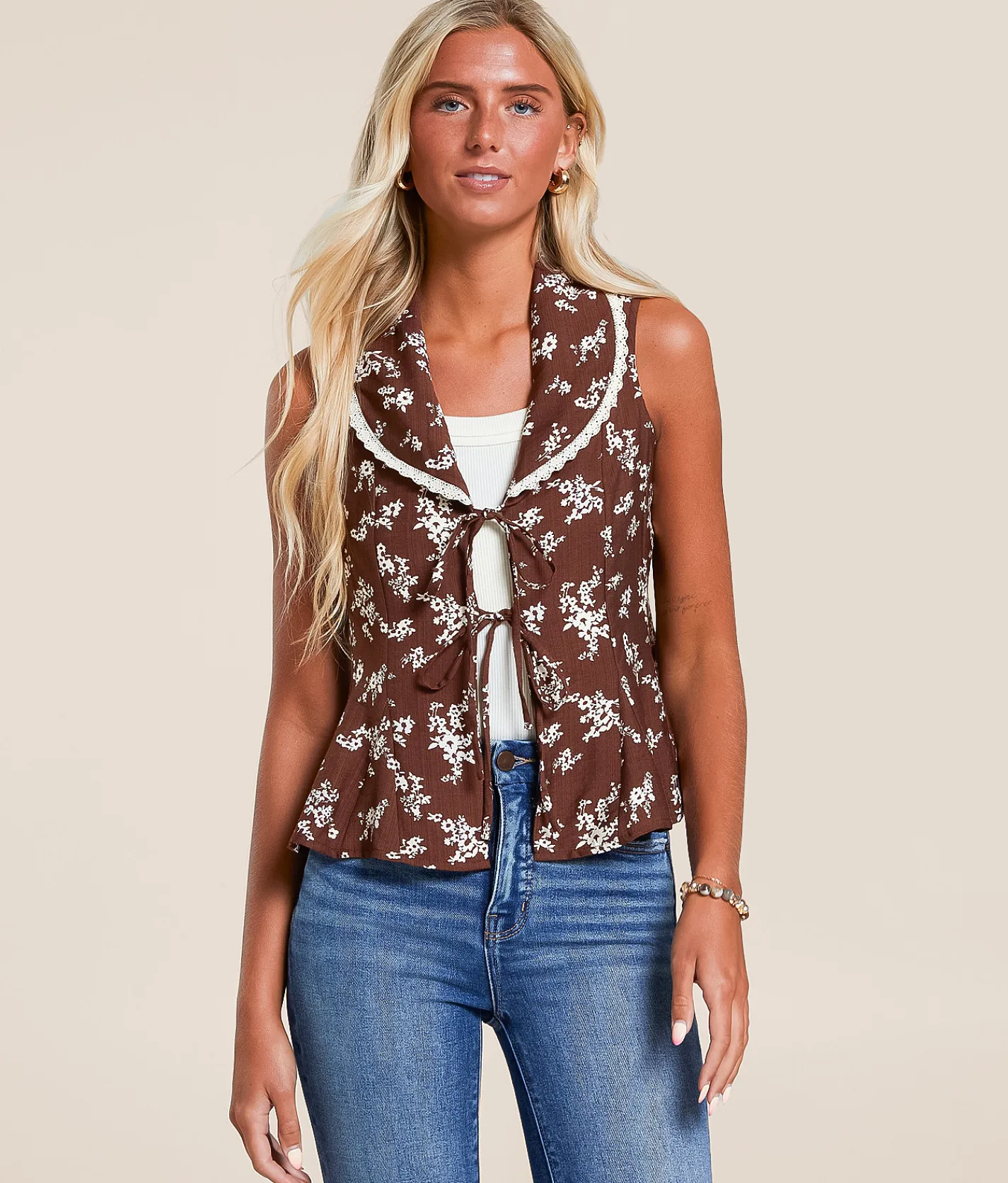 Tops|Coats & Jackets | Willow & Root Floral Collared Vest Brown Stone