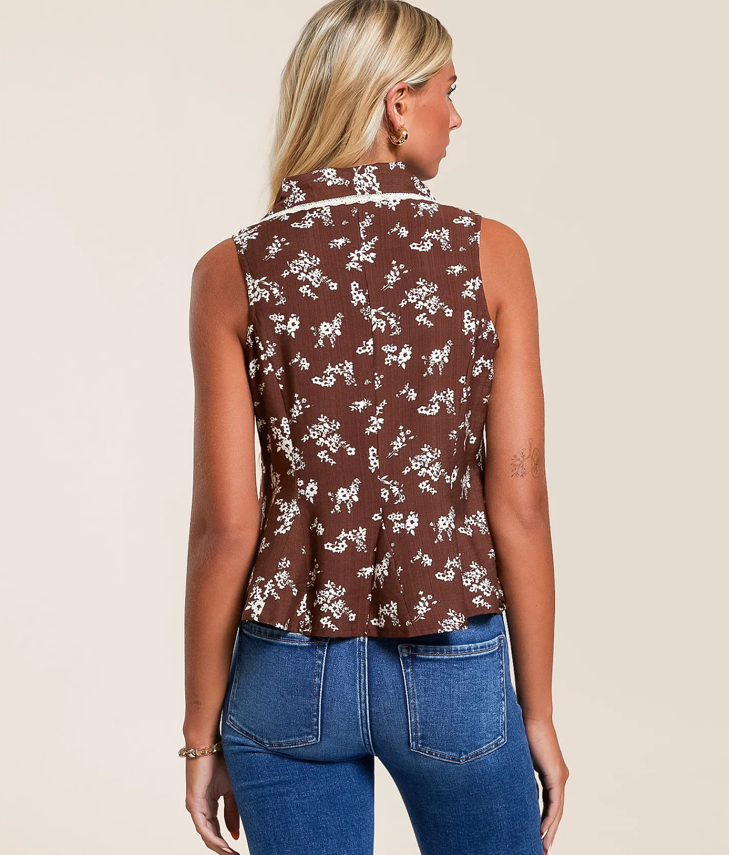 Tops|Coats & Jackets | Willow & Root Floral Collared Vest Brown Stone