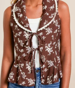 Tops|Coats & Jackets | Willow & Root Floral Collared Vest Brown Stone