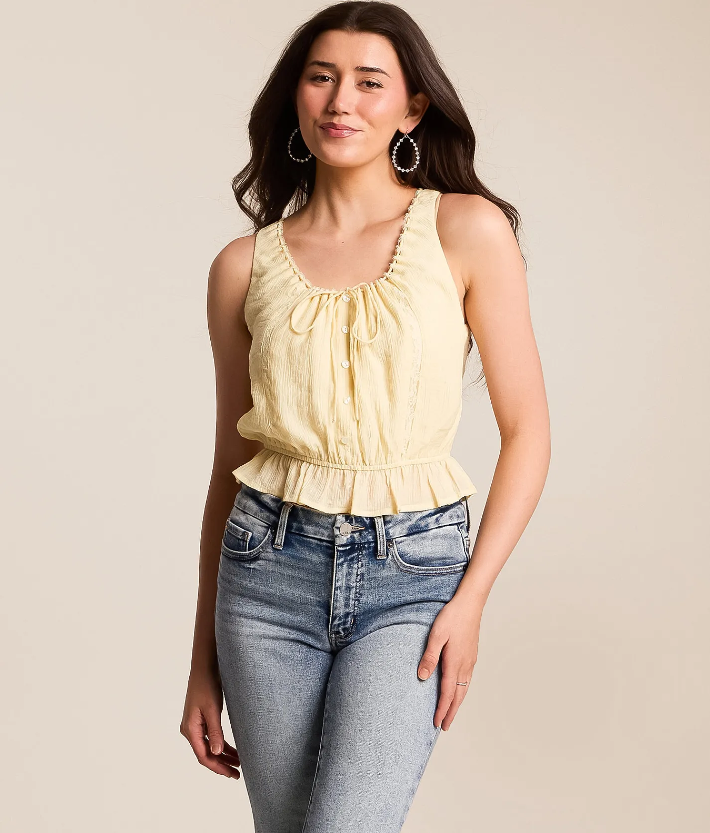 Tops | Willow & Root Floral Crinkle Lace Tank Top Yellow