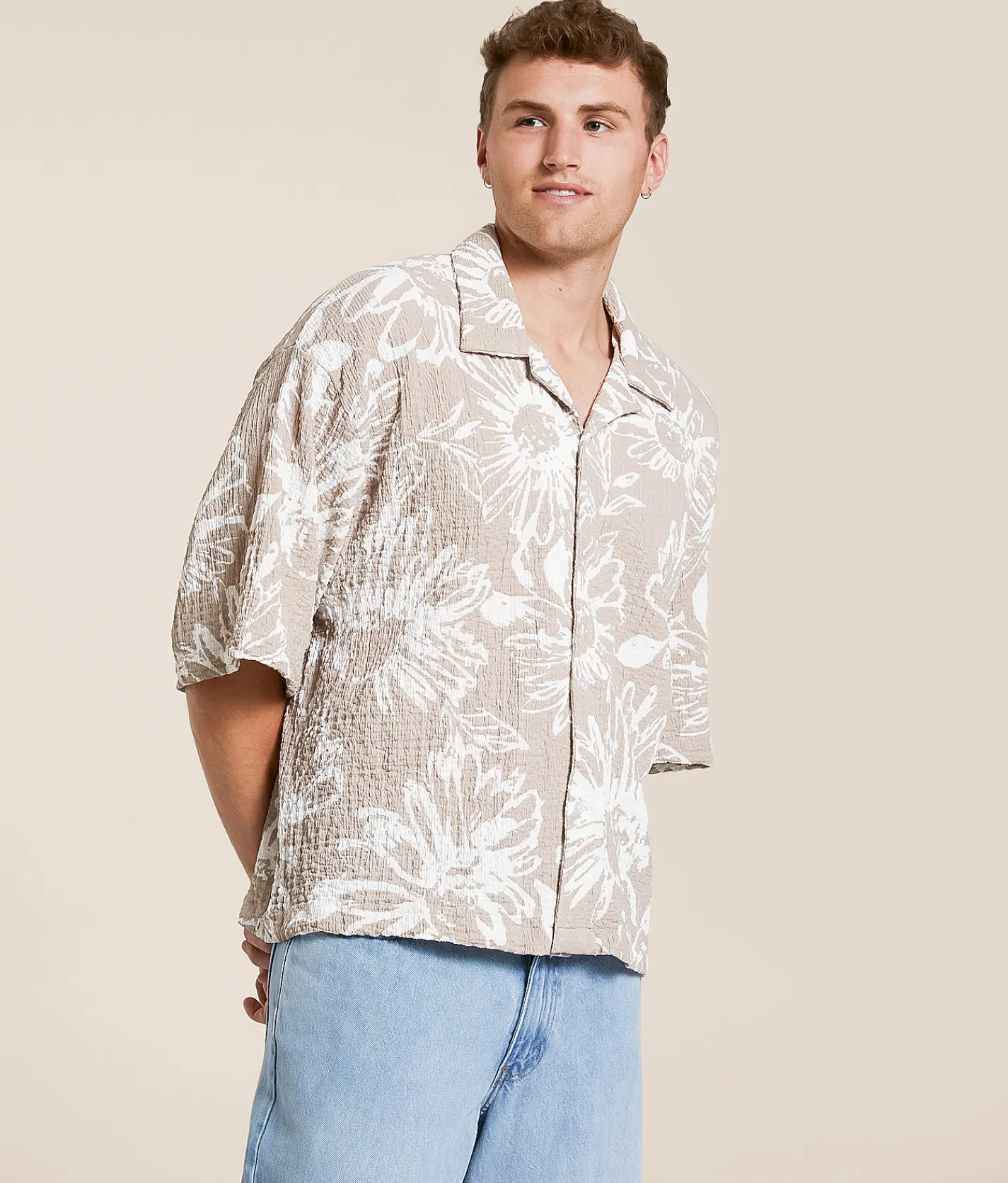 Valor Floral Crinkle Shirt Taupe Outlet