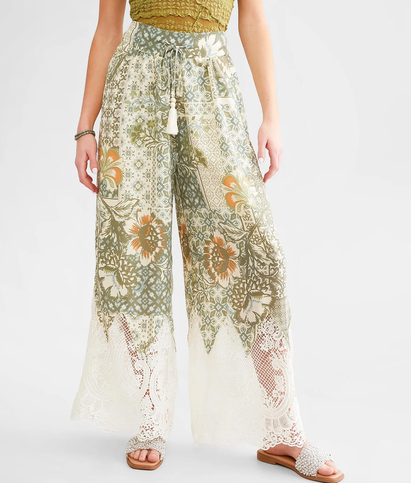 Bottoms | Miss Me Floral Crochet Beach Pant Multi Green