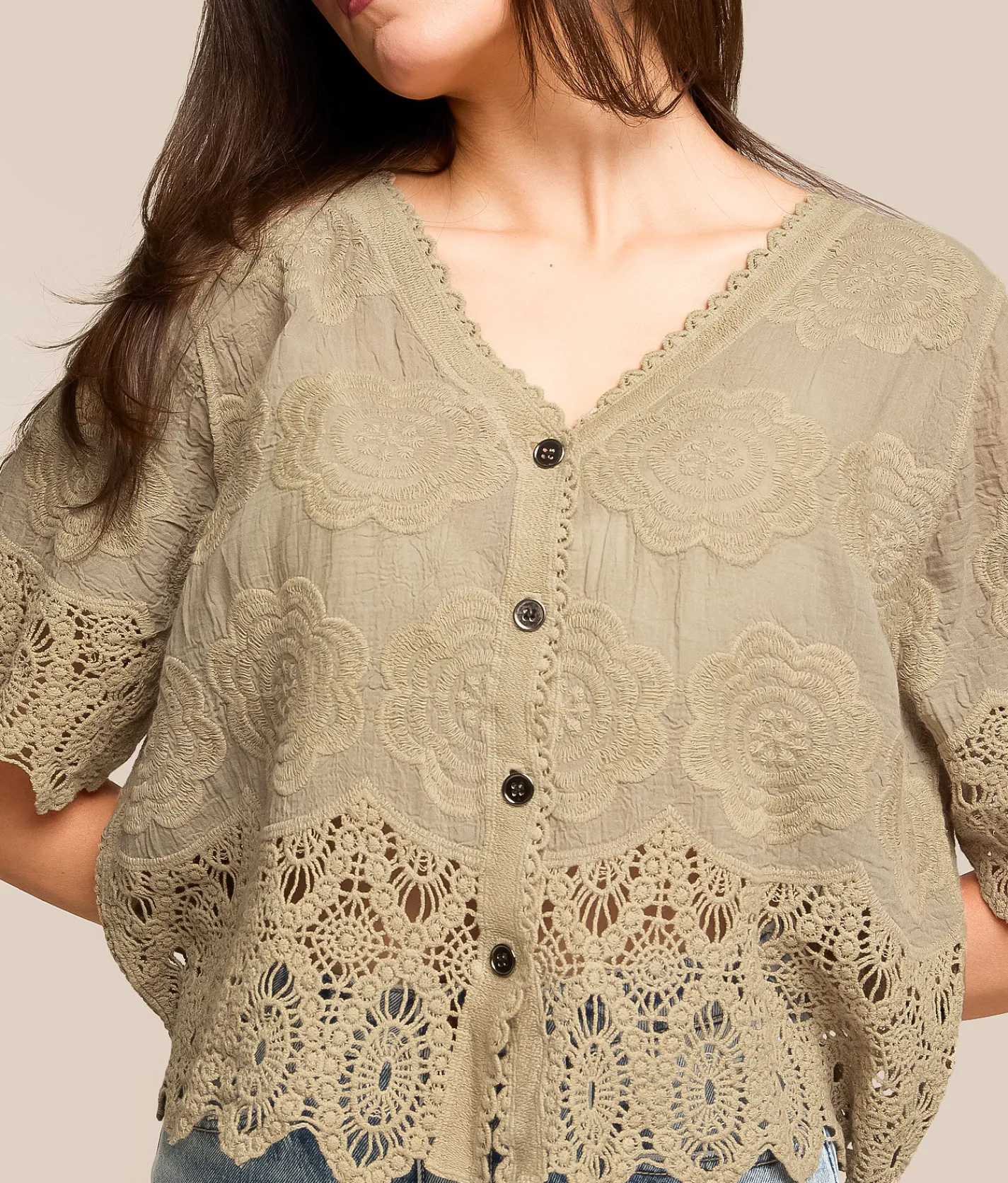 POL Floral Crochet Blouse Taupe Clearance