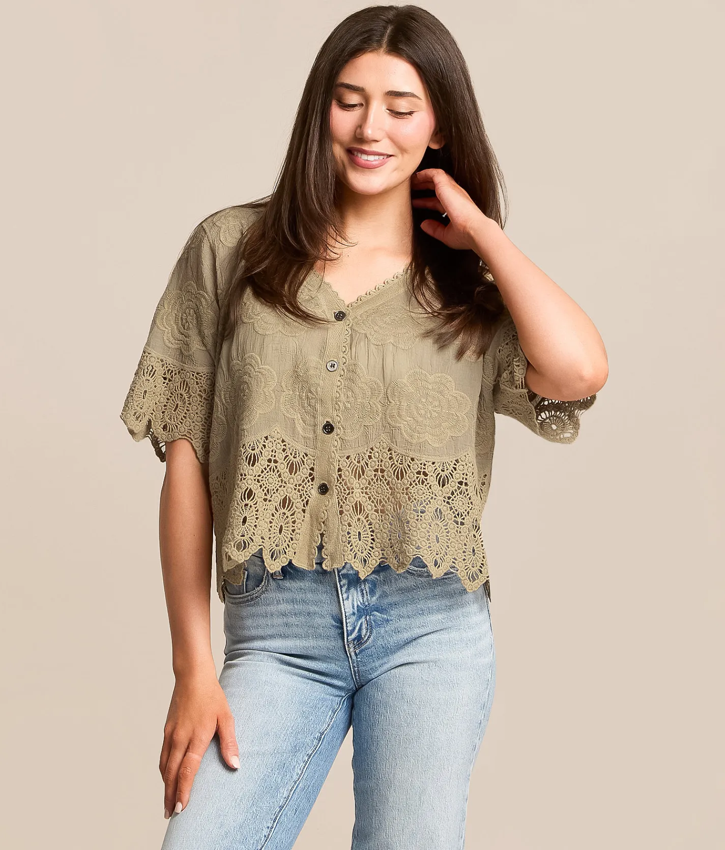 POL Floral Crochet Blouse Taupe Clearance