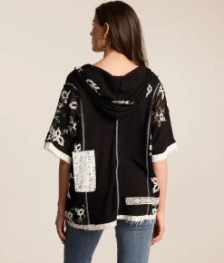 Tops | POL Floral Crochet Hoodie Black