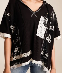 Tops | POL Floral Crochet Hoodie Black