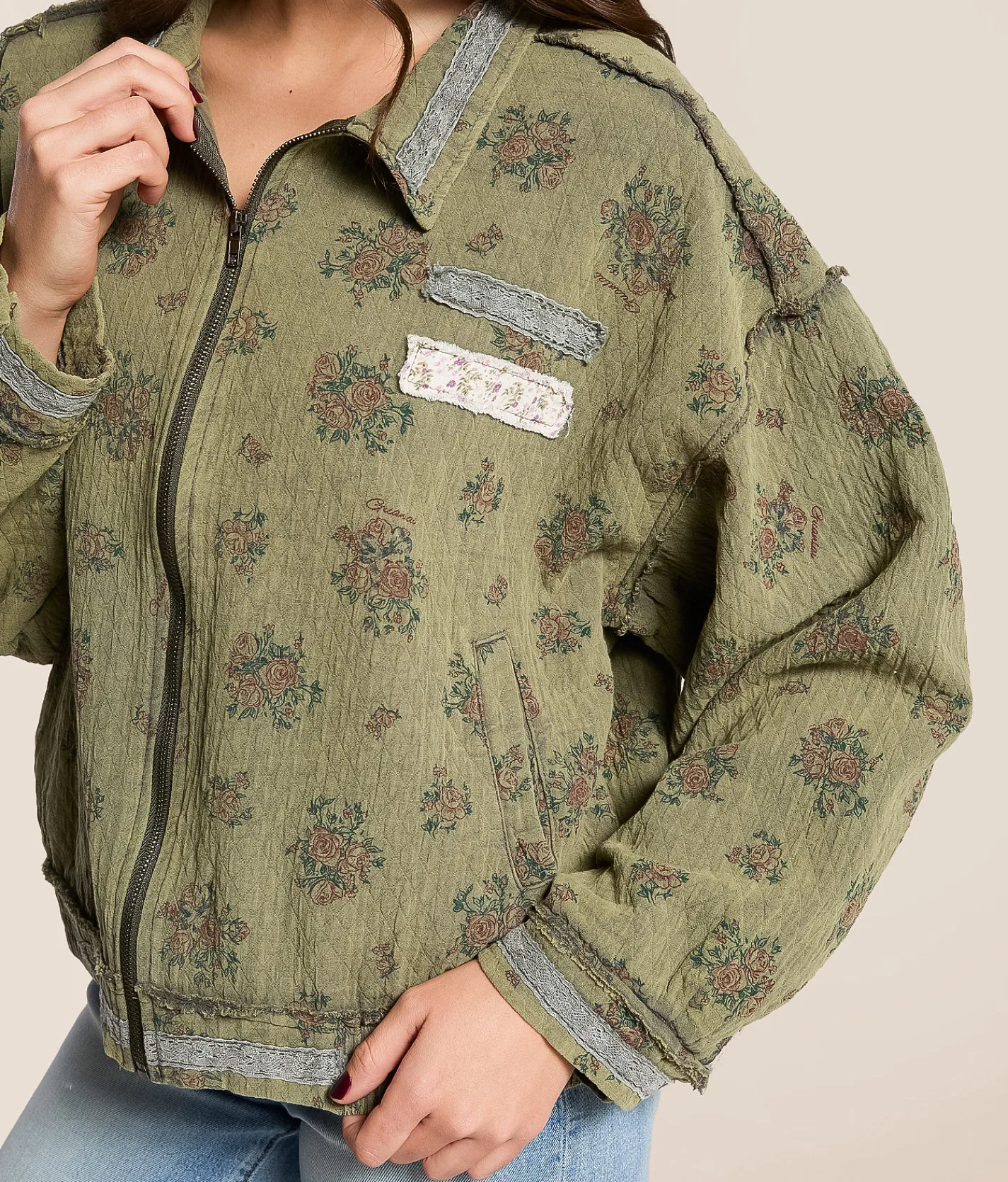 POL Floral Crochet Jacket Navy Charcoal