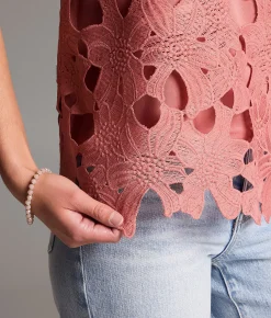 BKE Floral Crochet Overlay Tank Top Dusty Rose Online