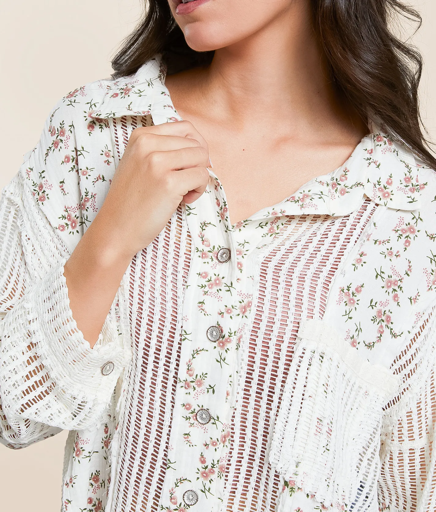 Tops | POL Floral Crochet Shirt Cream Floral