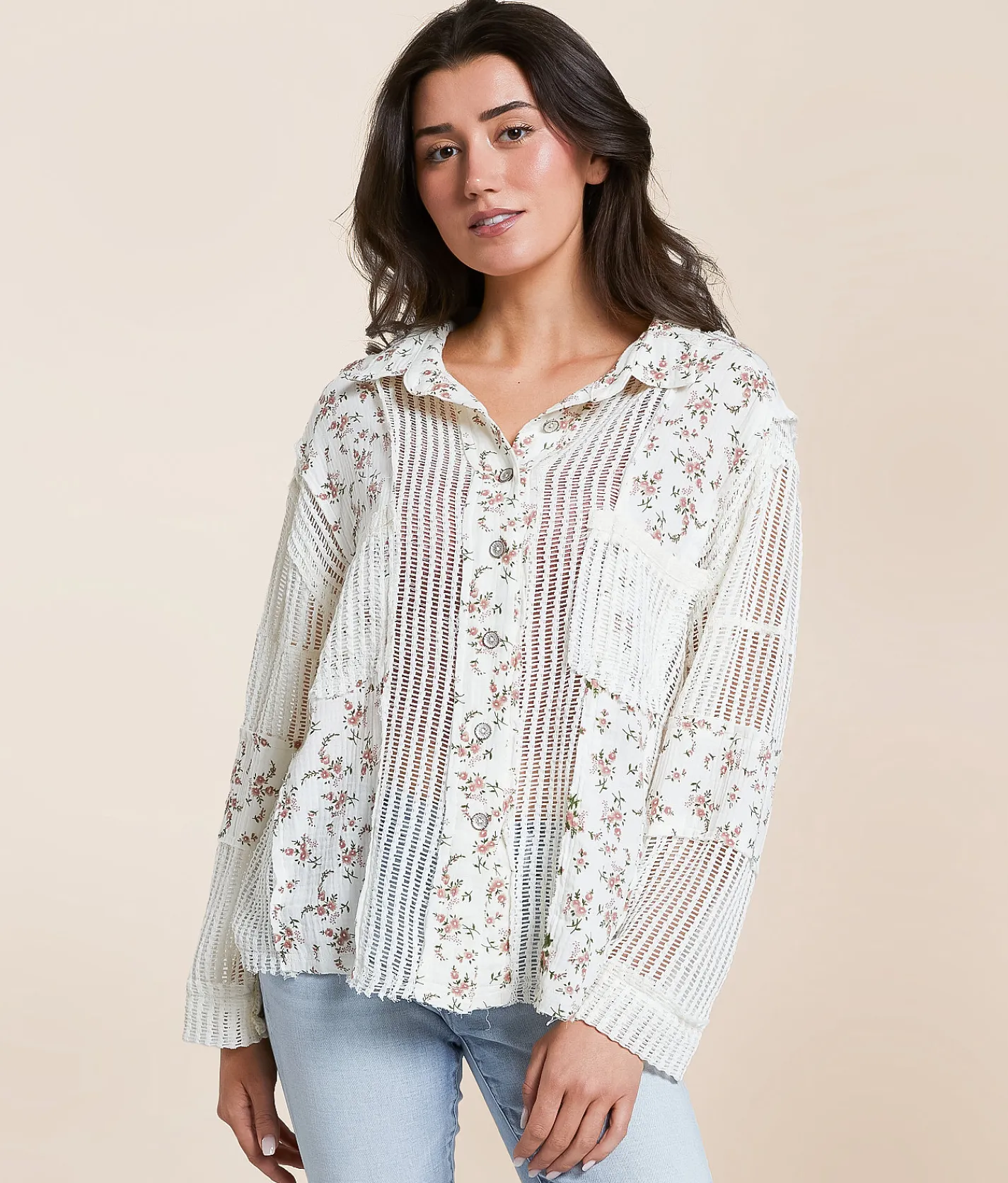Tops | POL Floral Crochet Shirt Cream Floral