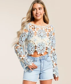 Tops | Willow & Root Floral Crochet Sweater Light Blue